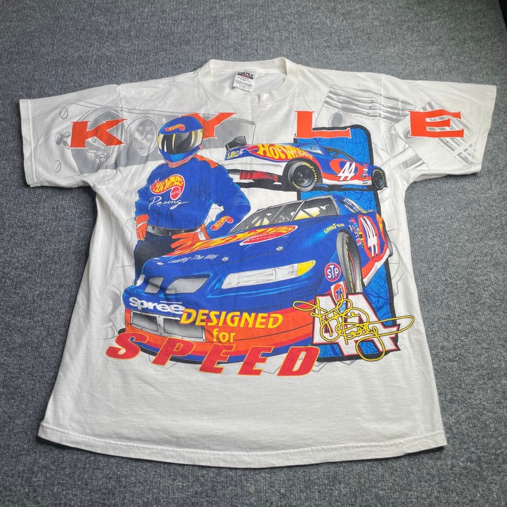 Tultex Hot Wheels NASCAR T Shirt Mens XL White 1997 Kyle Petty All Over Print